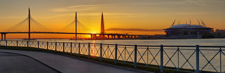 Panorama cable-stayed bridge and stadium in St. Petersburg