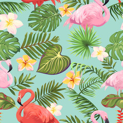 Seamless pattern with flamingos, tropical leaves and flowers