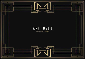 Vector geometric frame in Art Deco style. Rectangle noble design for invitations, cards, posters. Black and golden lined shape. Sandblasting ornament.