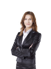 portrait of confident young business woman in black business suit