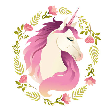 Unicorn head in wreath of flowers. Watercolor illustration