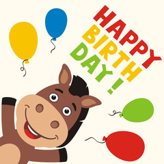 Happy birthday! Greeting card with funny horse and balloons in cartoon style.