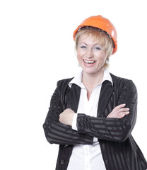 smiling female architect in the orange helmet.isolated on white