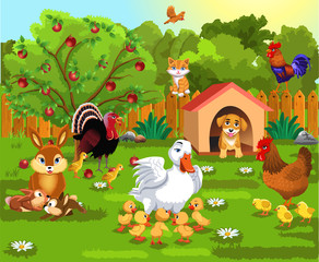 courtyard with farm animals and their babies