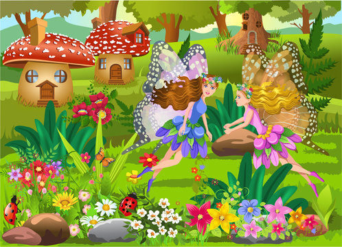 fairies flying in a magic fairy tale landscape with mushroom houses and beautiful flowers
