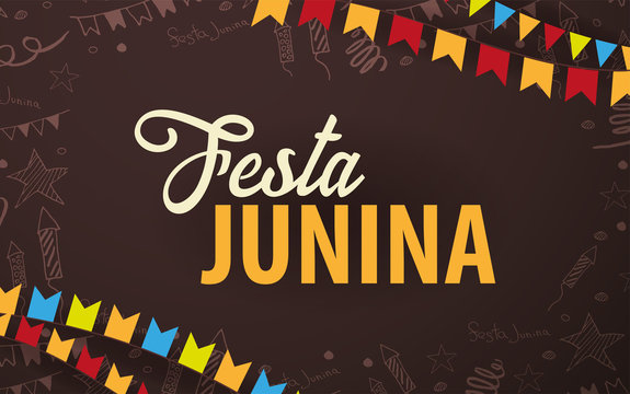 Festa Junina background with hand draw doodle elements and party flags. Brazil or Latin American holiday. Vector illustration