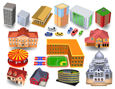 Isometric 3D city buildings like school, church, museum, hotels, houses