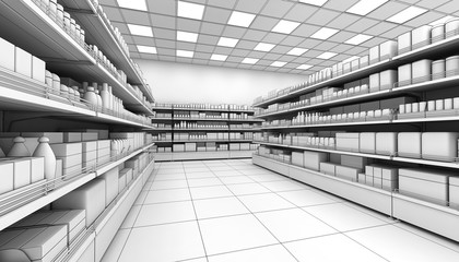 Interior of a supermarket with shelves for goods. 3d illustration