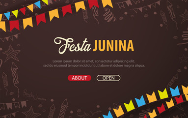 Festa Junina background with hand draw doodle elements and party flags. Brazil or Latin American holiday. Vector illustration