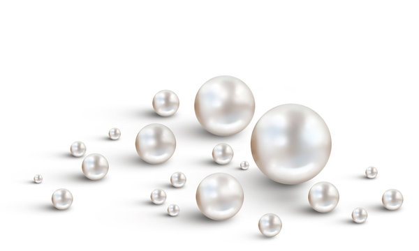 Many small and big white pearls on plain white background