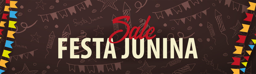 Festa Junina background with hand draw doodle elements and party flags. Brazil or Latin American holiday. Vector illustration