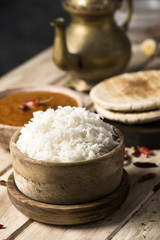 chicken korma curry, rice and chapatti