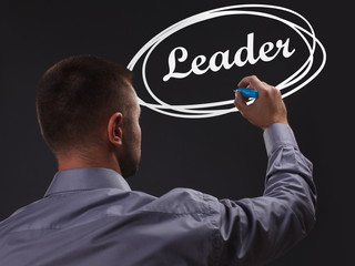 The concept of business, technology, the Internet and the network. Young businessman showing inscription: Leader