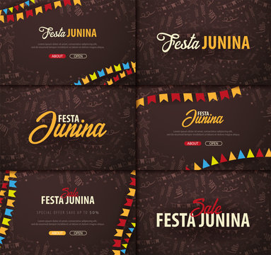 Set of Festa Junina backgrounds with hand draw doodle elements and party flags. Brazil or Latin American holiday. Vector illustration