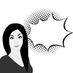 Black and white Pop art woman portrait with speech bubble and halftone shadow