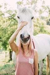 Woman with horse head. Funny horse image. 