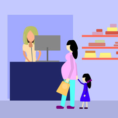 Pregnant woman with girl in cosmetic store. Flat illustration