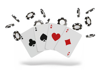 Playing cards and poker chips fly casino. Concept on white background. Poker casino vector illustration