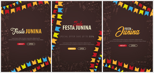 Set of Festa Junina backgrounds with hand draw doodle elements and party flags. Brazil or Latin American holiday. Vector illustration - 206049676