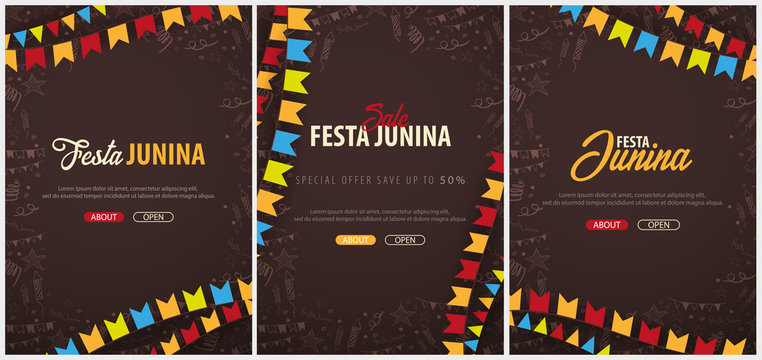Set of Festa Junina backgrounds with hand draw doodle elements and party flags. Brazil or Latin American holiday. Vector illustration