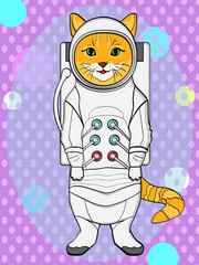 pop art background. Red cat in a spacesuit and cosmonaut costume. vector imitation comic style
