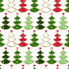 Seamless Christmas pattern with colorful Christmas trees on white background.