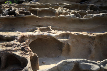 Wave and wind battered cliffs erode into terraced steps