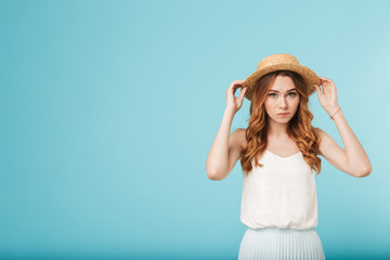 Cute caucasian woman isolated over blue background