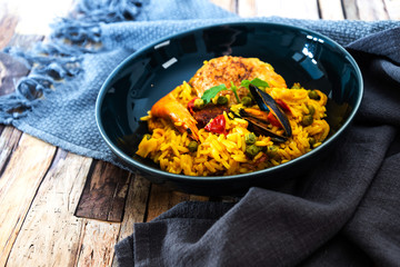 Prawn with rice - closeup of prawn with rice - traditionnal spanish food paella