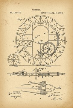 1892 Patent Velocipede Bicycle Unicycle history invention