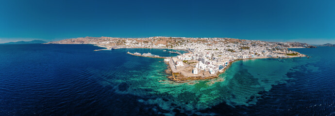 Panorama with drone at Little Venice Mykonos Greece