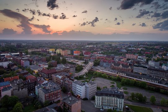 Aerial drone view on Zabrze city at dusk