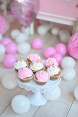 Balloons and cakes for holiday party. A lot of balloons for birthday party. cakes for holiday party. 