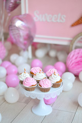 Balloons and cakes for holiday party. A lot of balloons for birthday party. cakes for holiday party. 