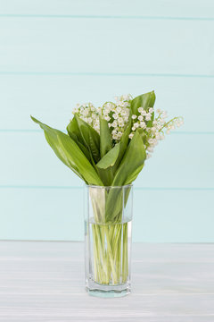 Lilies of the valley on a turquoise wooden background. A bouquet of lilies of the valley. Lilies of the Valley
