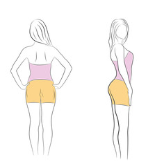 correct posture of the girl. front view and side view. vector illustration.