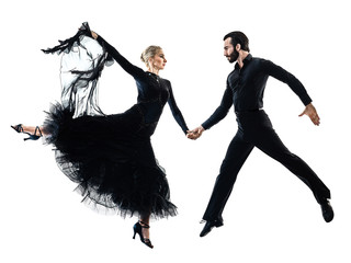one caucasian man and woman couple ballroom tango salsa dancer dancing in studio silhouette...