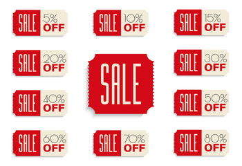 SALE banners set. 5% 10% 15% 20% 30% 40% 50% 60% 70% 80% OFF discount. Vector illustration.