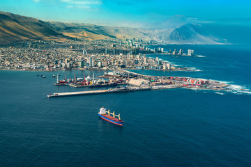 Aerial view of the port city of Iquique in northern Chile at the shores of the Atacama Desert.