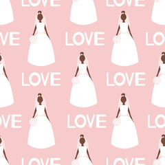 Seamless pattern with silhouettes of the bride and words Love on the pink background.