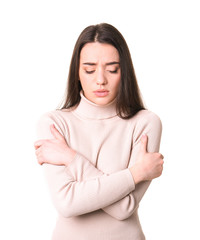 Young woman with cold on white background