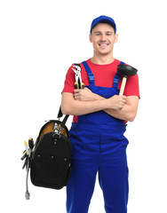 Young plumber with tool bag on white background