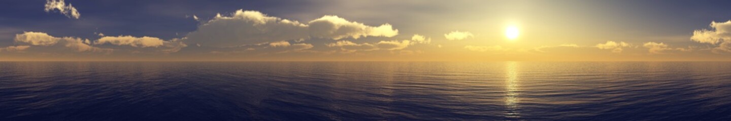 Obraz premium ocean sunset, panorama, sunrise over the water, clouds over the sea, 3D rendering 