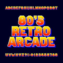Pixel retro alphabet font. Video computer game letters and numbers. 80's arcade game typeface. - obrazy, fototapety, plakaty