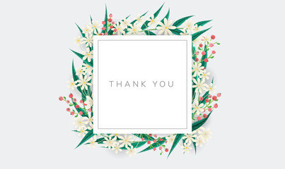 Square frame with red berry, white flower and green leaf. Vector illustration for spring and summer design