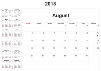 2018 monthly calendar with white background.