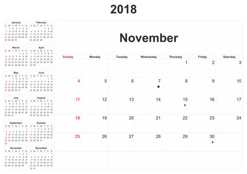 2018 monthly calendar with white background.