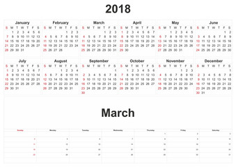 2018 monthly calendar with white background.