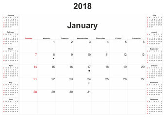 2018 monthly calendar with white background.