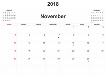 2018 monthly calendar with white background.